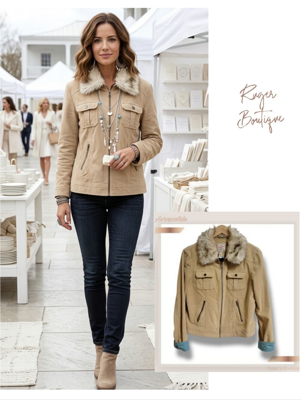 🌿 Aeropostale Women's Large Faux Fur Tan Corduroy Fall Jacket